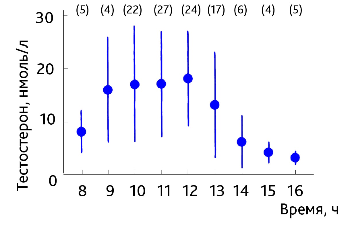  <strong>Рис. 3.</strong> Концентрации тестостерона в плазме крови 114 самцов крыс, <em>M±SD</em>. Количество крыс на каждой временной точке указано в скобках в верхней части рисунка. Уровни значительно варьировали в течение дня, и отклонение увеличивалось синхронно со средним значением |17|. Адаптированный рисунок